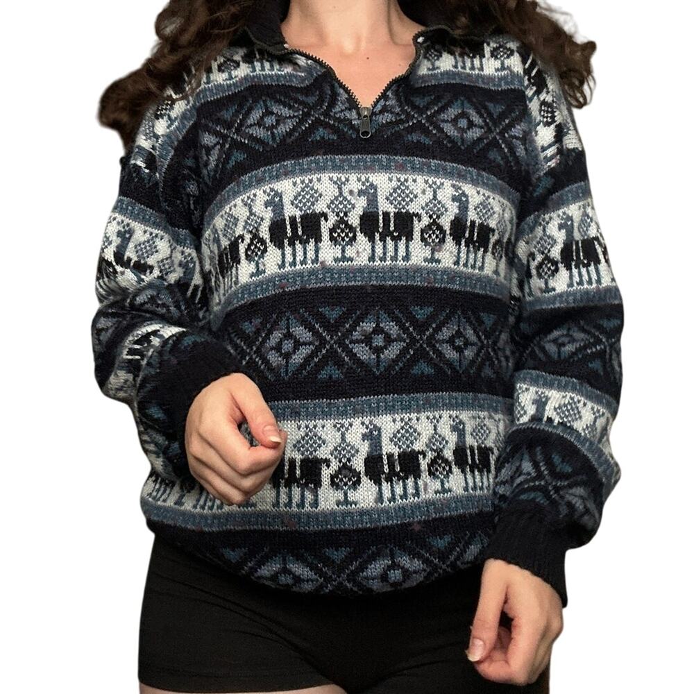 Vintage Baby Alpaca Sweater OSFM Wool Fair Isle Nordic Hand Knit Crew Neck